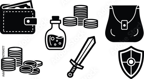 RPG game currency wallet and inventory icons for interface design