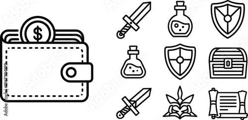 RPG game currency wallet and inventory icons for interface design