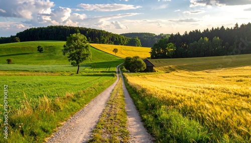 A winding dirt road through vibrant green and golden fields