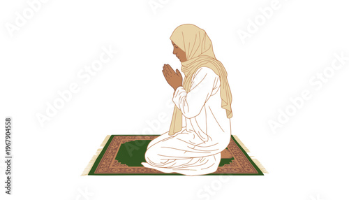 A Muslim woman praying on a green prayer mat illustration