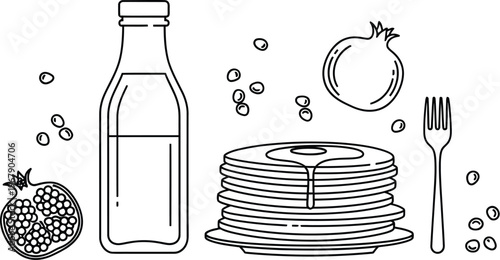 Breakfast flat lay with pancakes and fresh pomegranate juice vector