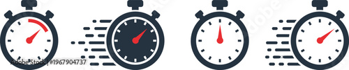 Four stopwatches with red hands and black faces, illustrating the passage of time, speed, and urgency in a dynamic sequence.