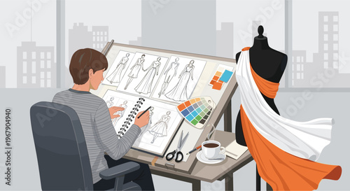 Fashion designer studio illustration, creative sketching process, couture clothing artwork, stylish apparel concept, design workspace with mannequin – flavector