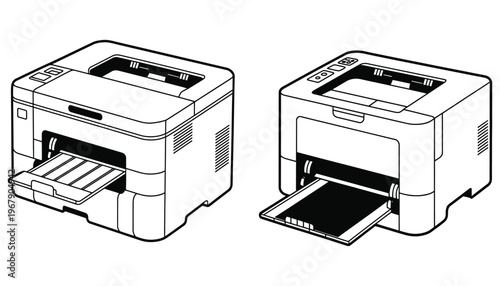 A printer icon illustration with open paper tray and black lines