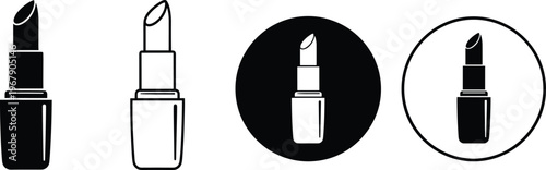 Three stylized illustrations of lipstick tubes in different styles, black and white line art, isolated on white background, beauty and cosmetics concept.