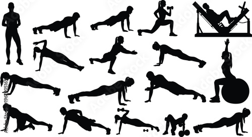 Fitness exercise silhouettes collection featuring strength training workout poses gym activities pushups lunges and equipment black and white vector