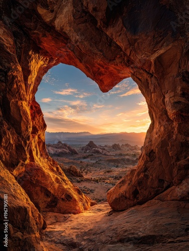 Heart-shaped rock formation frames sunset over desert landscape
