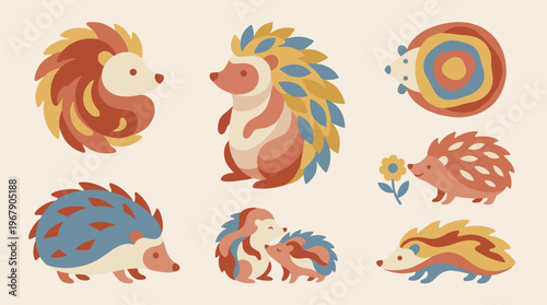 Colorful illustrations of hedgehogs in various poses and designs.