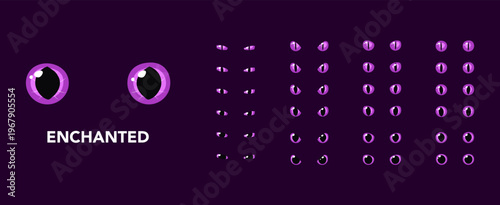 Set of purple enchanted glowing eyes dark background fantasy magic cartoon animal reptile feline mammal monster demon dragon shiny pupil vector illustration
