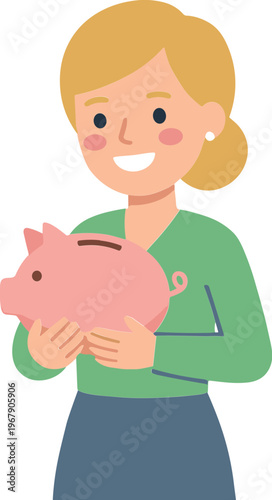 Woman holding pink piggy bank smiling in green shirt indoors