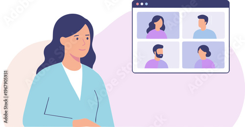 A woman participates in a remote meeting with colleagues online.