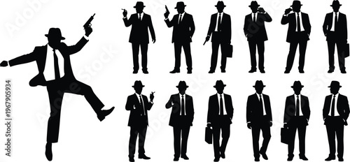 Retro gangster silhouettes collection featuring armed agents in suits hats dynamic poses vintage crime mafia style vector illustration