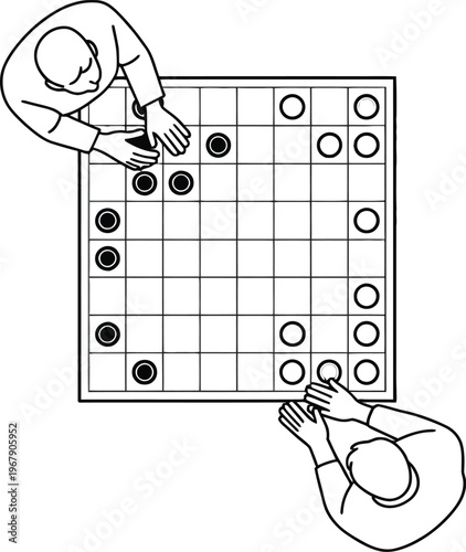 Overhead view of two people playing a board game with black and white pieces