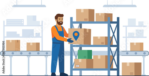 A worker in a warehouse prepares a cardboard box on a shelf for shipping with a scanner.