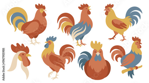 A group of colorful cartoon roosters standing together.