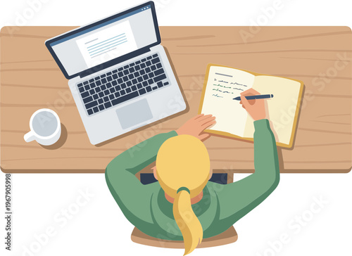 Woman sitting at desk writing on notepad with laptop and coffee