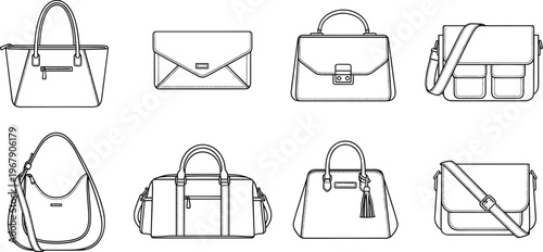 Handbag line drawing collection, fashion accessory illustration, stylish purse outlines, tote clutch satchel messenger designs, chic artwork set – flavector