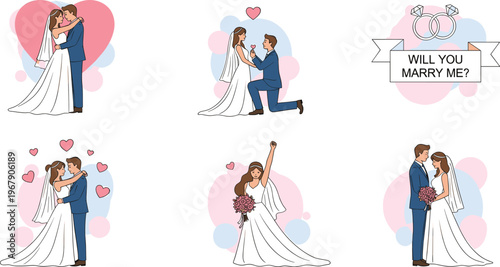 Illustrated wedding scenes with couples in love, dancing, proposing, and celebrating their special day in joyful moments.