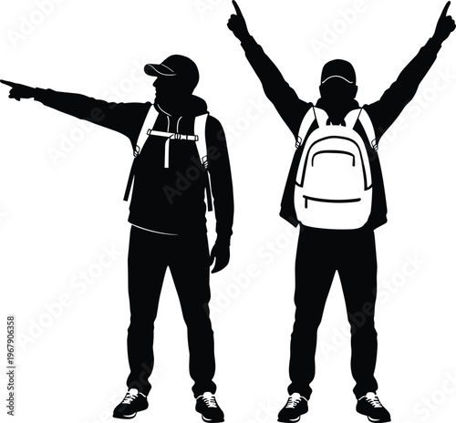 Tourist silhouettes with backpacks pointing direction and celebrating travel adventure exploration concept black and white vector illustration design