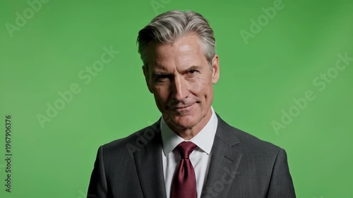 Confident mature business professional with gray hair and suit in front of green screen