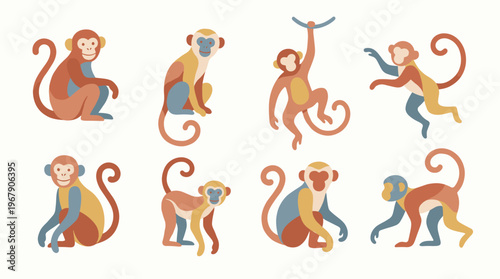 Colorful monkey illustrations in various poses.