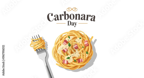 Illustration of a plate of spaghetti carbonara with a fork on a clean white background celebrating Carbonara Day with a minimalist design.