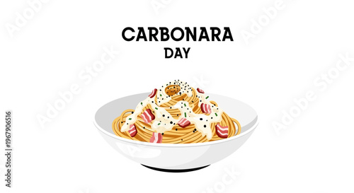 Illustration of a delicious spaghetti carbonara dish in a white bowl on Carbonara Day with creamy sauce and bacon, representing Italian cuisine pasta.