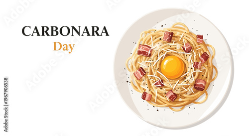A plate of spaghetti carbonara dish with bacon and egg on a white background, celebrating National Carbonara Day with a classic Italian food concept.