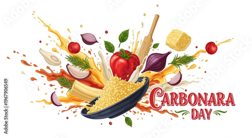 Vibrant illustration of a plate of pasta surrounded by vegetables and ingredients, celebrating Carbonara Day with a dynamic splash of colors.