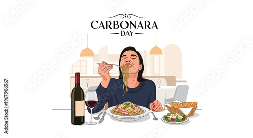 Illustration of a woman enjoying a plate of spaghetti carbonara with a glass of wine on Carbonara Day in a modern restaurant setting.