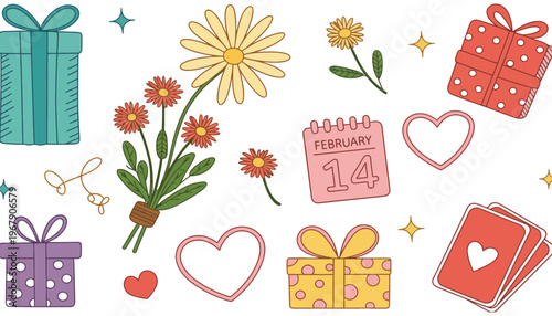 A colorful Valentine's Day illustration with gifts and flowers