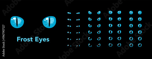 Set of light blue frost glowing eyes dark background fantasy magic cartoon animal reptile feline mammal monster demon dragon shiny pupil vector illustration