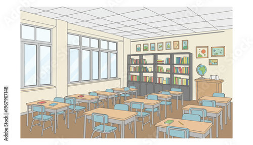 A classroom interior with desks and chairs in a vector illustration style