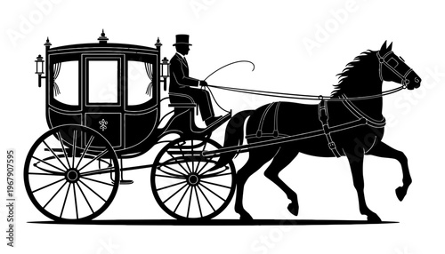 A horse drawn carriage vector silhouette with a man in a top hat