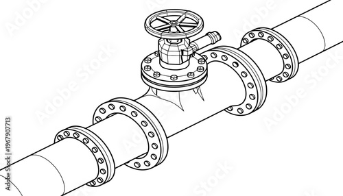A pipe valve illustration with flanges and bolts in a technical drawing style