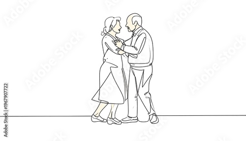 A minimalist line drawing of an elderly couple dancing