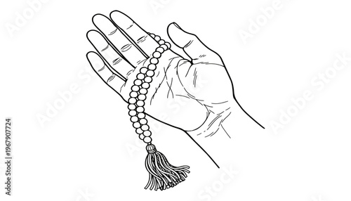 A hand holding a traditional Buddhist prayer mala bead necklace icon