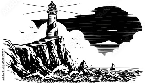 A lighthouse vector illustration standing on a rocky cliff by the ocean