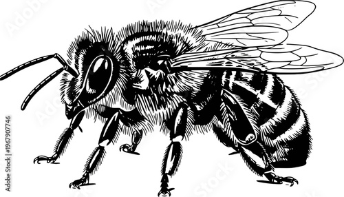 A detailed bee illustration in black and white vector silhouette style