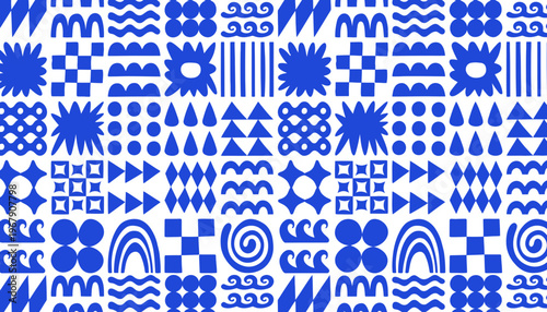 A blue and white patterned background with various geometric shapes illustration