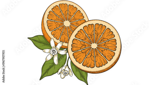Orange vector illustration with slices and flowers on white background