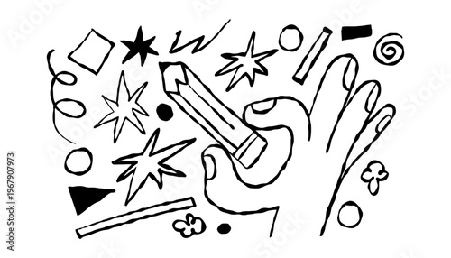 A pencil icon illustration with various shapes and lines