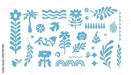 A blue floral icon set with various shapes and designs