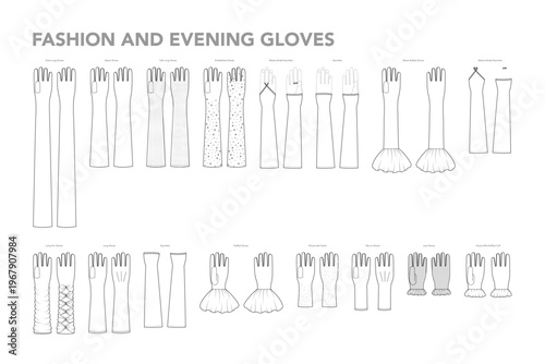 Set of Gloves - Fashion and Evening with names hand accessory clothing technical illustration garment. Vector for Men, women, unisex flat template CAD cartoon style isolated on white background