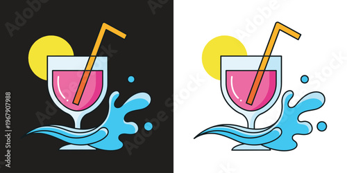 colorful cocktail splash with lemon and straw vector illustration