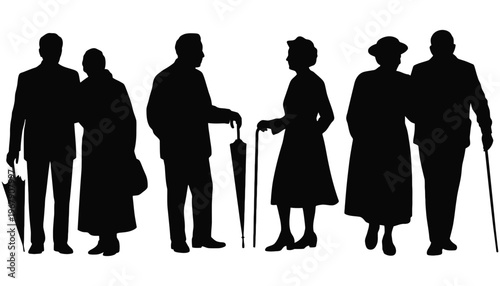 A group of senior people silhouettes standing together with umbrellas and canes