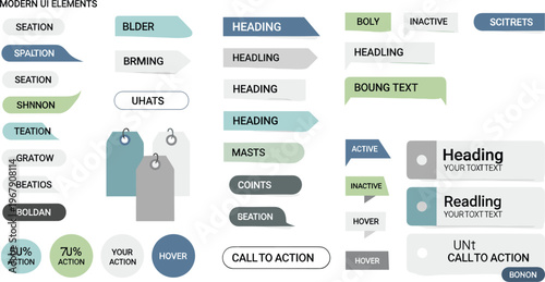 Modern UI Elements with Buttons, Headings, Tags, Call to Action, and Interactive Hover Effects for Web Design