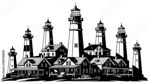 Lighthouse vector illustration of a scenic coastal town with multiple towers