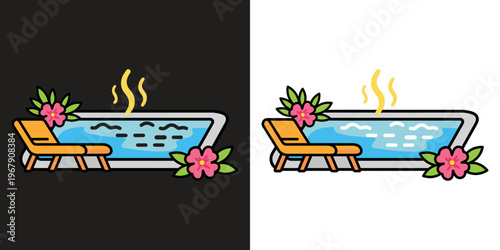 hot tub relaxation with steam and flowers flat design vector illustration