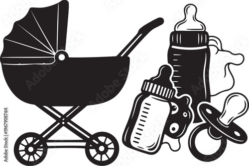 Baby Care Essentials Illustration with Stroller and Accessories